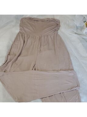 Charlotte Russe Tan Strapless Jumpsuit Ruched Wide Leg Lounge Comfy Casual